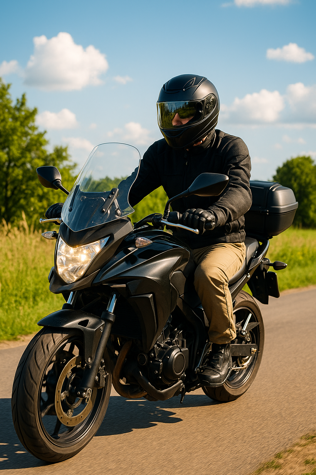 햇빛 아래에 오토바이 타는 사람