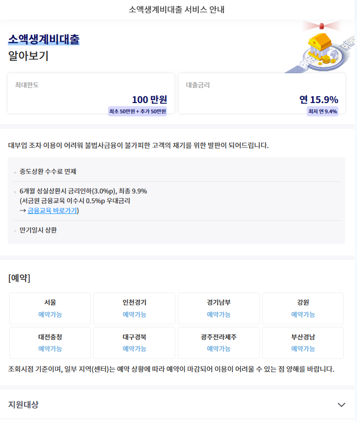 소액생계비대출 서비스 안내를 설명