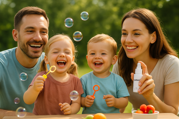 야외에서 비눗방울 놀이를 즐기는 가족과 아이들. 엄마가 유아용 모기 기피제를 들고 있는 모습.