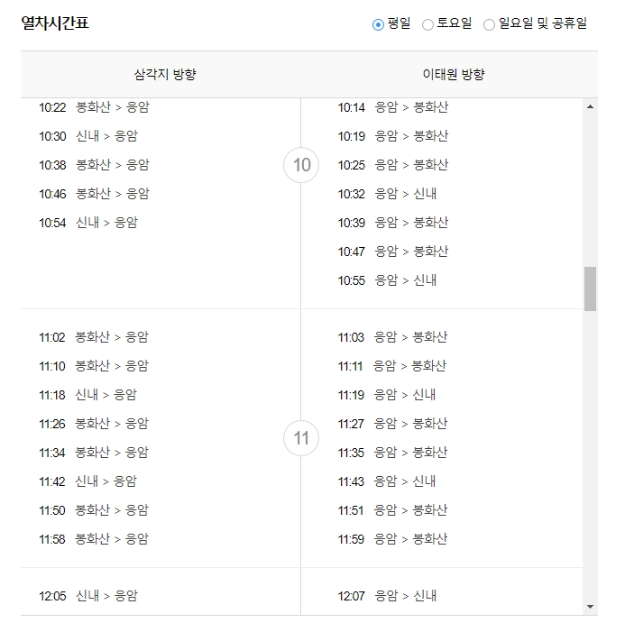 전체 지하철 운행 시간표를 통해 다음 열차 도착 시간을 최종적으로 확인하는 단계