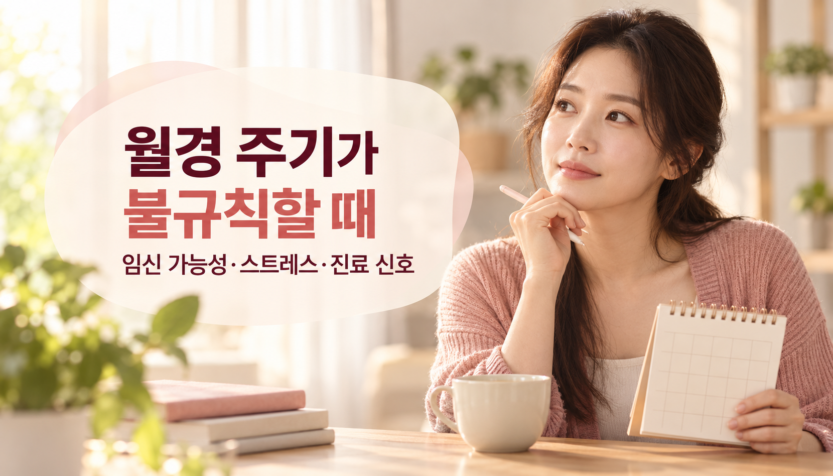 달력과 함께 월경 주기 변화를 확인하는 성인 여성, 월경 주기가 불규칙할 때 임신 가능성과 진료 신호를 살피는 장면