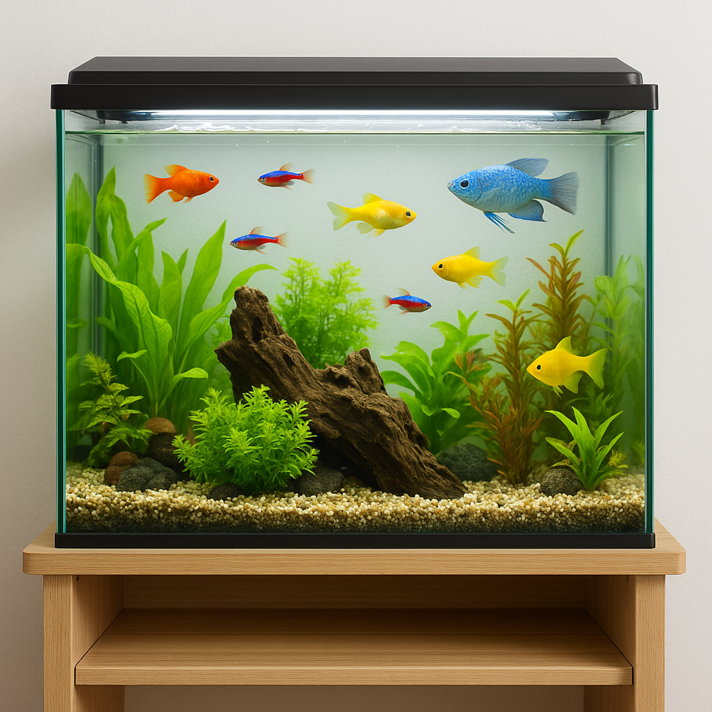 깔끔한 실내 공간에 놓인 견고한 수조 받침대 위에 투명한 열대어 수조가 올려져 있고, 수조 안에는 다양한 열대어와 수초, 장식물이 어우러져 있는 모습