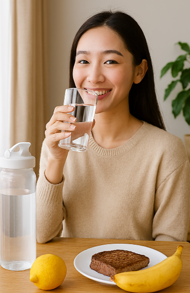 밝은 실내 공간에서 여성이 물을 마시는 순간이 담겨 있고 주변에는 물병, 레몬, 허브차, 식물 등이 자연스럽게 배치되어 있는 사진