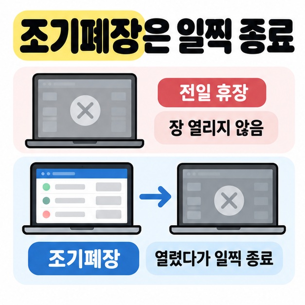 전일 휴장은 장이 열리지 않고 조기폐장은 열렸다가 일찍 종료된다는 차이를 거래 화면과 화살표로 비교한 그림