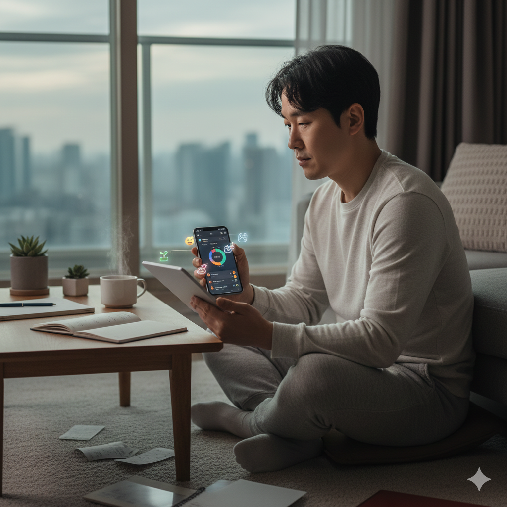 창가 소파에 앉아 편안한 회색 트레이닝복을 입은 젊은 남성이 스마트폰을 들고 화면을 응시하고 있다. 화면에서 원형 차트와 웃는 얼굴, 새싹, 하트 등의 홀로그램 이모지가 떠 있으며, 테이블에 커피 잔과 노트, 펜이 놓여 있다. 배경에 도시 전경이 보이는 아늑한 실내에서 정신 건강이나 감정 관리 앱을 사용하는 장면.