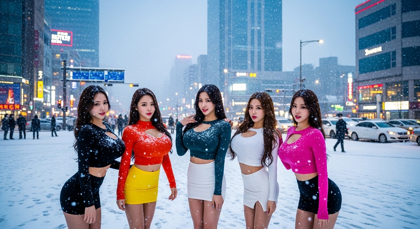 눈 맞고 서있는 여성들