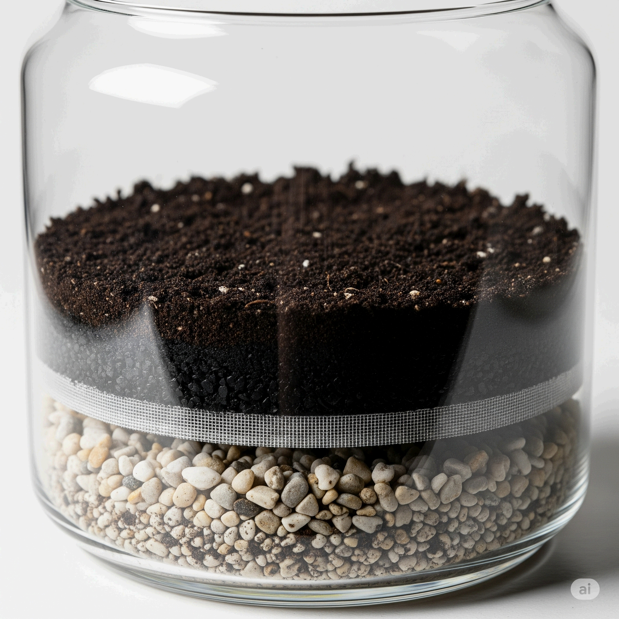 배수층, 분리층, 활성탄, 배양토까지 모든 기반이 순서대로 다져진 모습