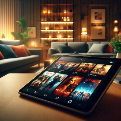 태블릿을 통해 넷플릭스와 같은 스트리밍 서비스를 실행하는 거실의 모습