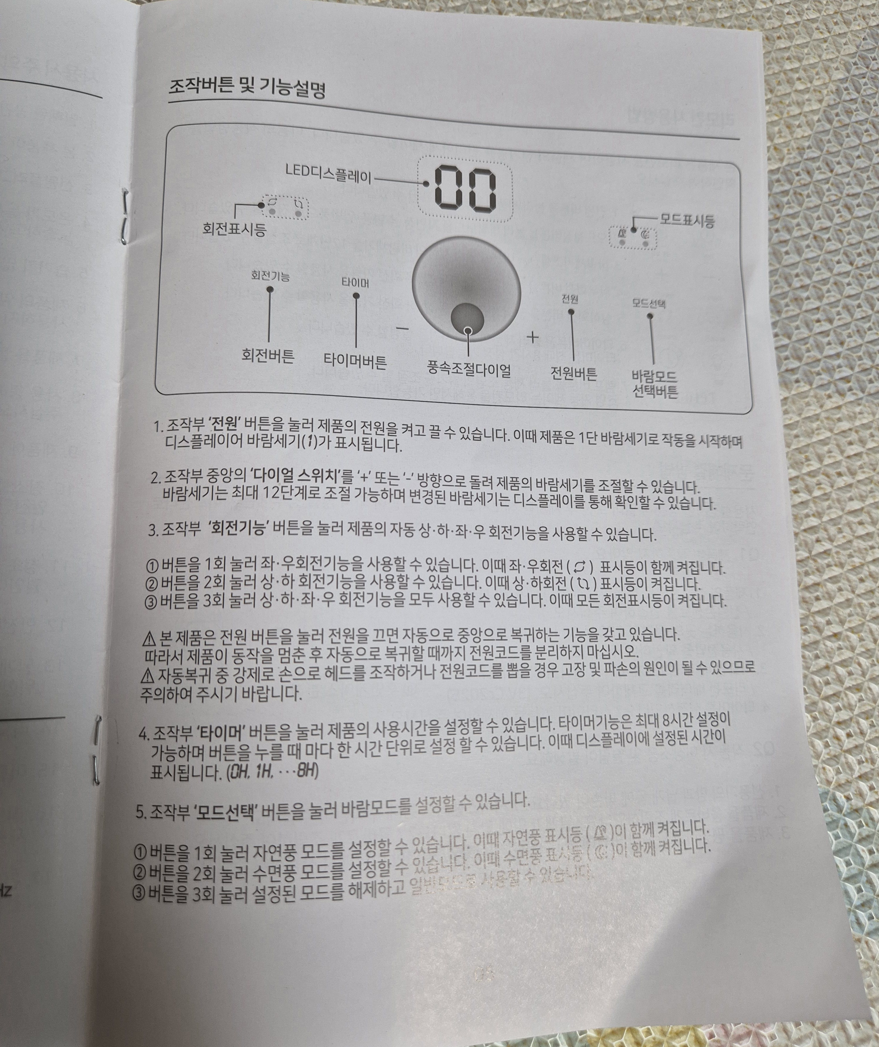 레이나 선풍기 RF-4814WR 메뉴얼 버튼부 설명