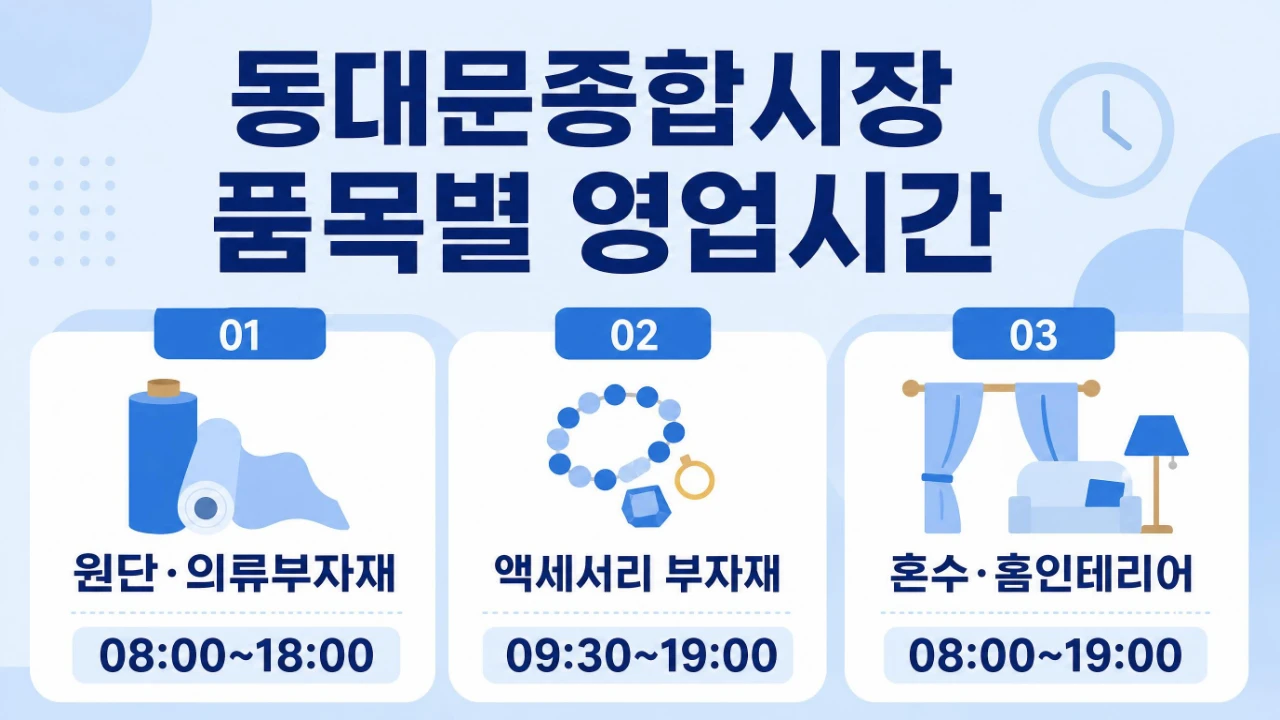 동대문종합시장 원단 액세서리 혼수용품 품목별 영업시간 비교
