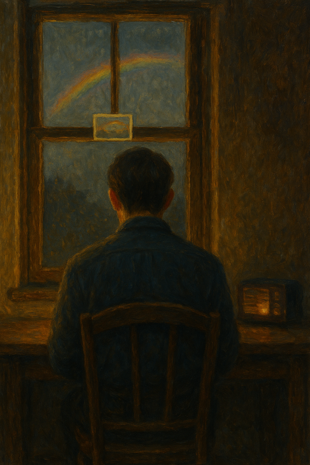 창가에 앉아 등을 보이며 조용히 머물러 있는 남자. 창틀 위에는 도시의 무지개가 담긴 엽서가 놓여 있고, 라디오의 희미한 불빛이 방 안을 비추는 . 떠난 사람을 기다리며 머무는 사랑을 상징한다.
