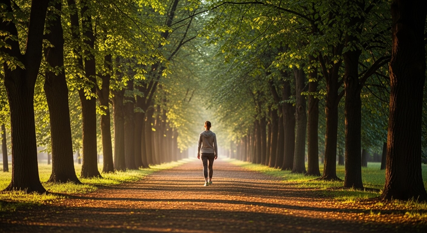 햇살이 비치는 숲길을 따라 걷는 사람, 건강한 걷기 습관을 표현한 이미지