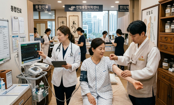 양방과 한방 치료를 함께 받는 모습을 표현한 이미지