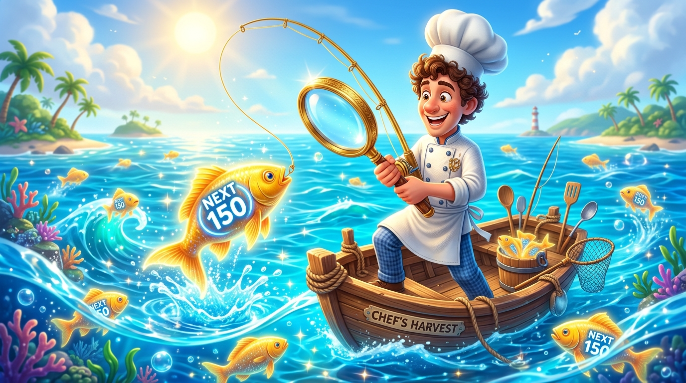 코스닥 150이라는 거대한 바다 위에서 돋보기를 든 셰프가 'NEXT 150'이라고 적힌 황금색 물고기들을 낚아 올리는 3D 일러스트