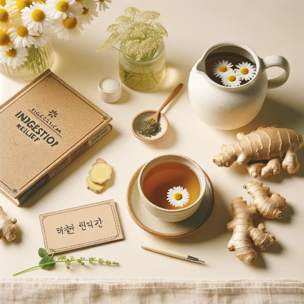 하얀 배경 위에 정리된 생강, 캐모마일 꽃, 허브차, 소화 건강 책자, '자연 소화 관리' 메모카드의 전문 스튜디오 촬영 사진