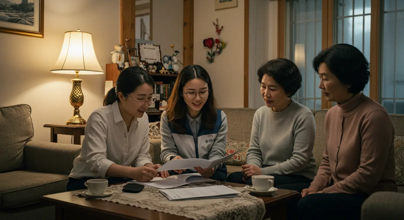 긴급복지 지원제도 서류를 준비하는 복지사와 가족