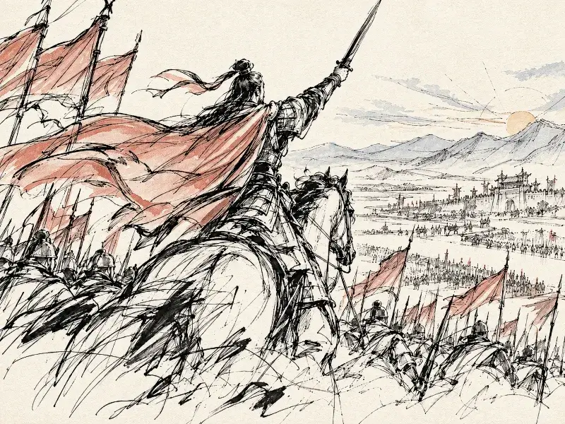 Gwontojungrae comeback after defeat illustrated with a warrior leading an army forward in a minimalist ink sketch style.