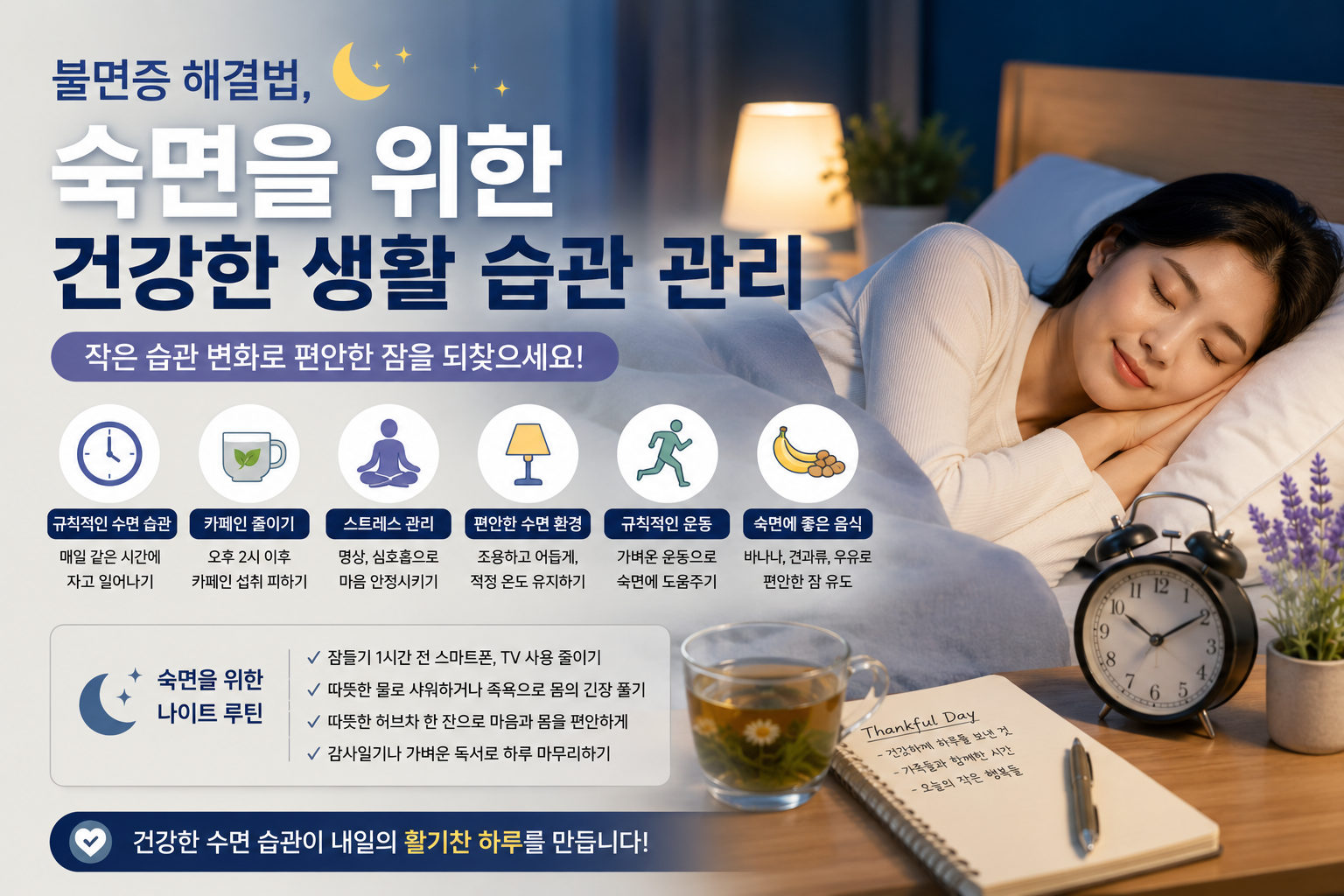 불면증 해결 및 숙면 생활 습관 요약 이미지