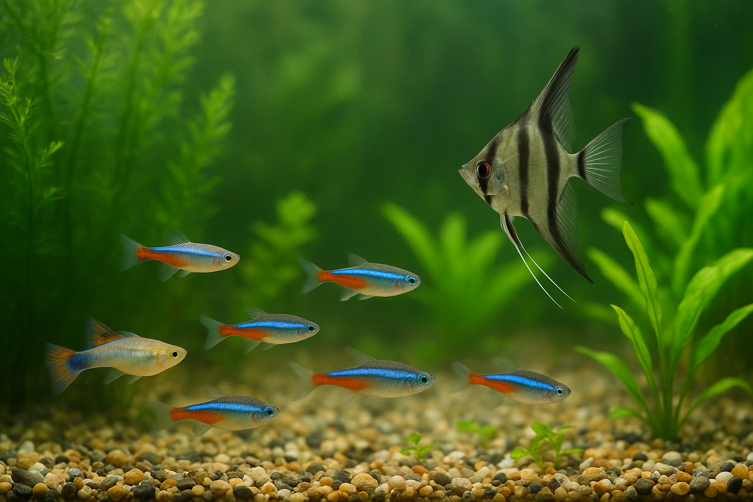 투명한 수조 속에서 네온테트라와 구피, 엔젤피쉬 등이 수초 사이를 헤엄치는 실제 열대어 수족관 모습