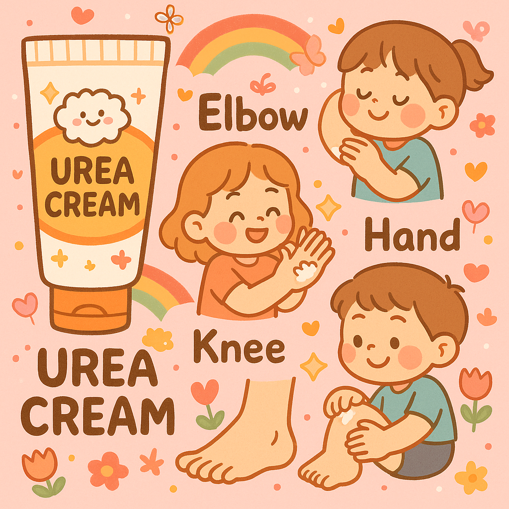 우레아크림을 팔꿈치, 손, 무릎에 바르는 모습을 아기자기한 애니메이션 스타일로 표현한 일러스트. 남녀 어린이가 즐겁게 우레아크림을 바르고 있으며, 튜브형 우레아크림과 무지개, 꽃, 하트 등 귀여운 소품이 함께 그려져 있다.