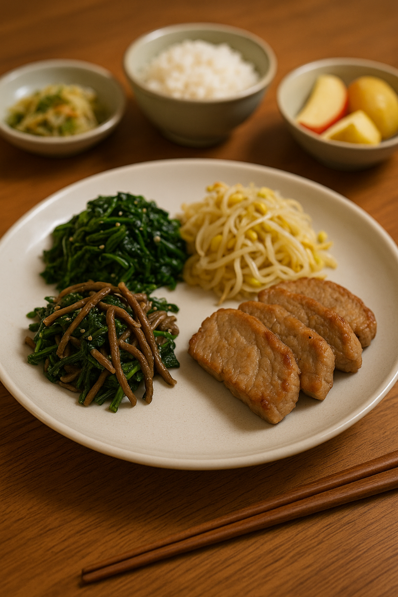 채소 중심 한식 식단, 나물과 고기 반찬이 균형 잡힌 접시