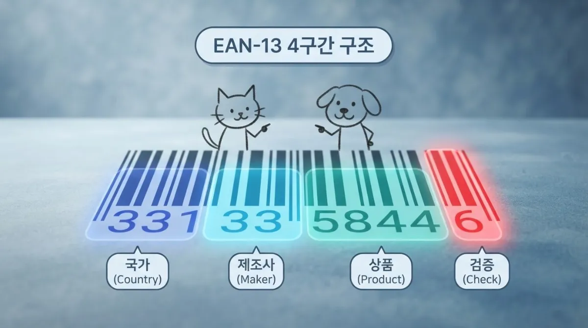 EAN-13 바코드의 13자리 숫자 구조와 4개 세부 구획(국가 코드, 제조사 코드, 상품 코드, 검증 숫자)을 색상으로 구분하여 보여주는 인포그래픽 - 스틱 캣과 스틱 도그가 각 구간을 가리키는 설명 일러스트