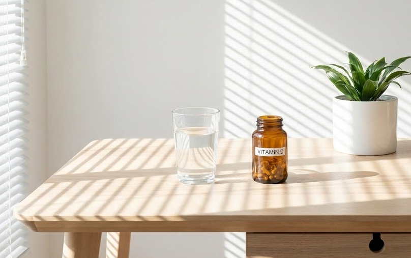 책상 위에 놓인 비타민D 영양제 병과 물잔&amp;#44; 블라인드 사이로 들어오는 따뜻한 햇살