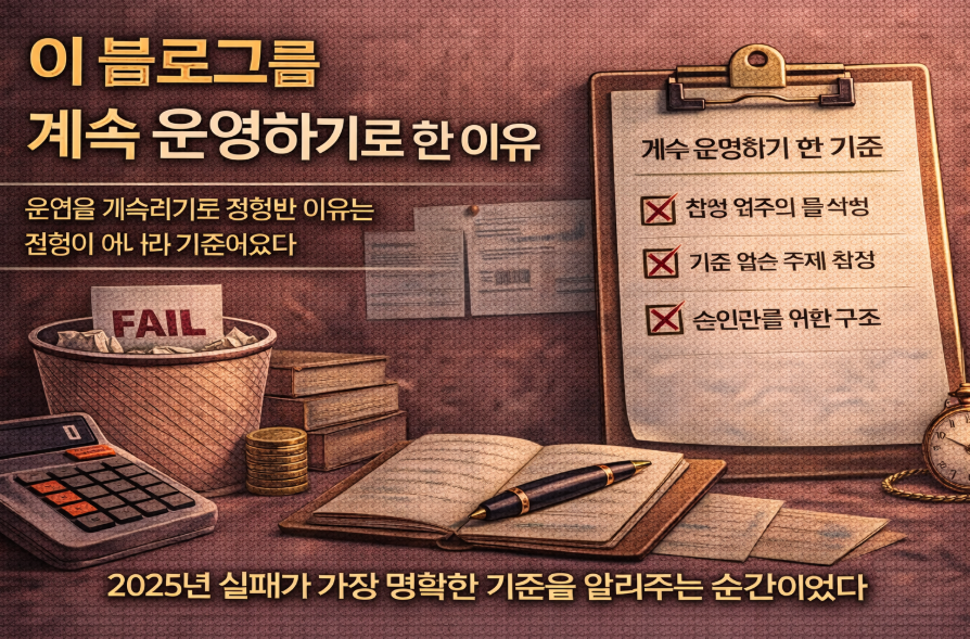 이 블로그를 계속 운영하기로 한 이유를 설명하는 대표 썸네일 이미지, 실패와 점검 과정을 거쳐 운영 기준을 확립한 블로그 기록 화면