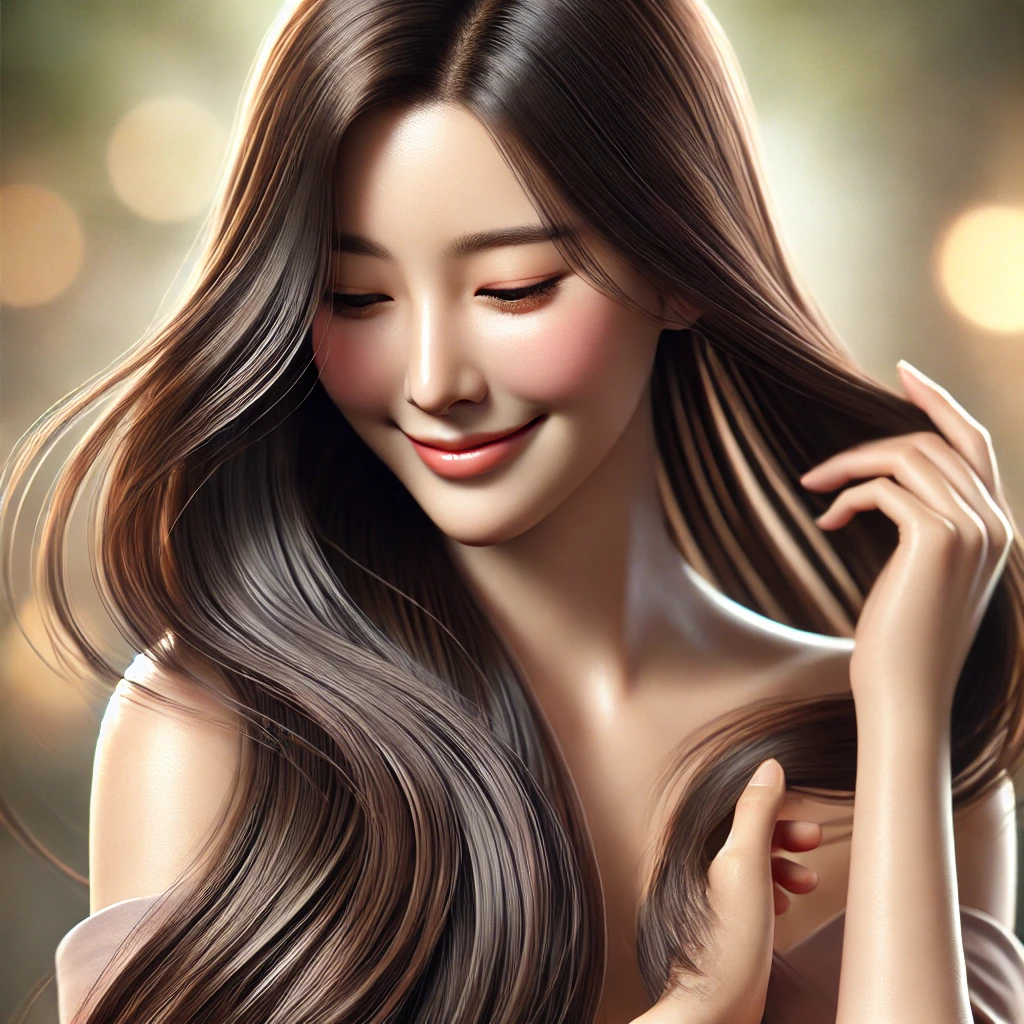 건강한 머릿결을 자랑하는 한국인 여성 (윤기 있고 풍성한 모발 강조)