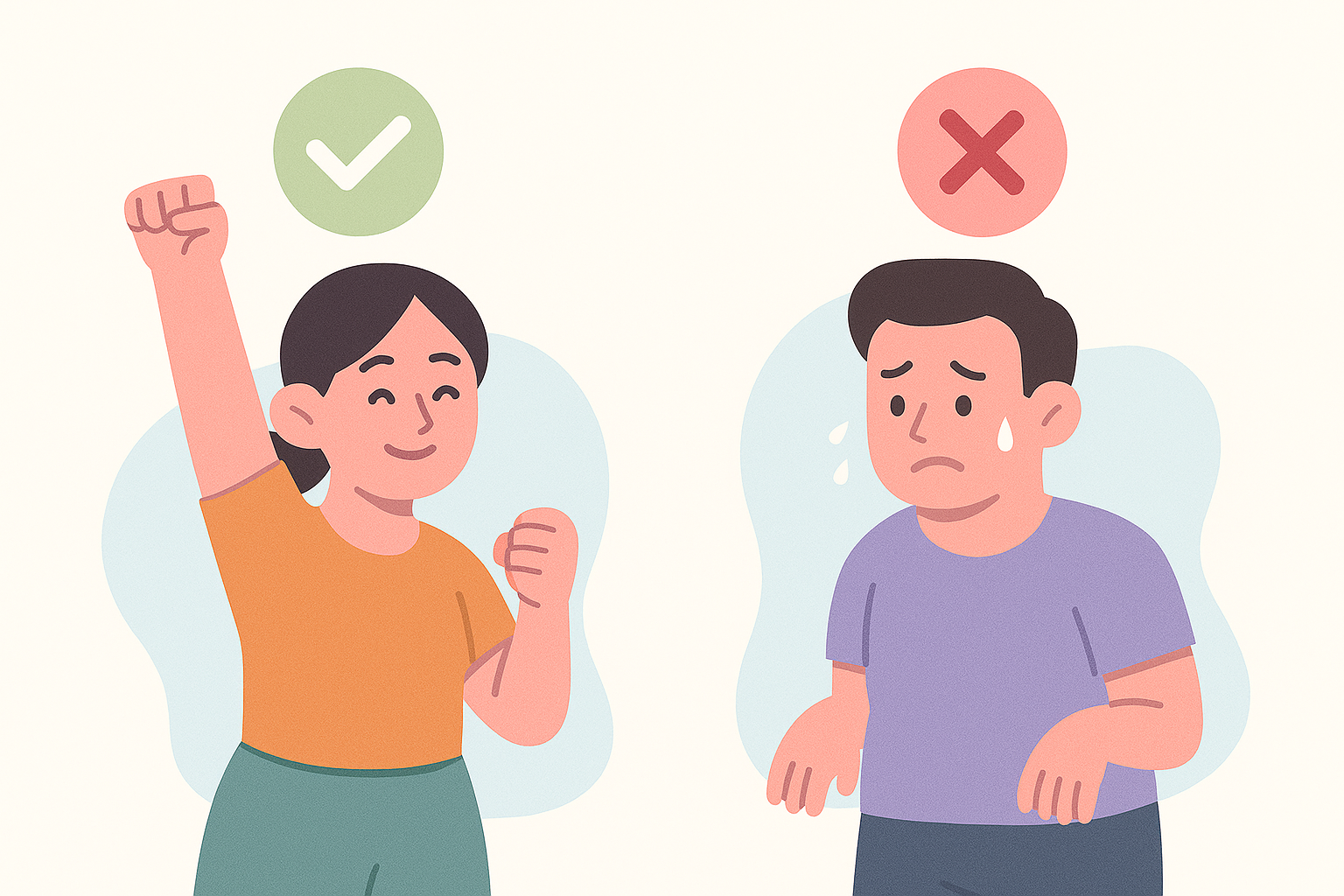 단백질 다이어트 성공한 여성과 실패한 남성의 표정이 대비된 일러스트