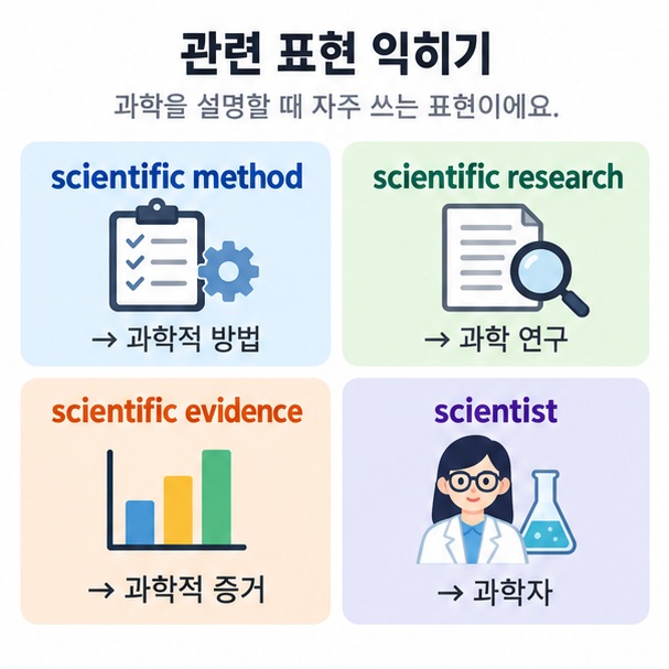 scientific method scientific research scientific evidence scientist 등 과학 관련 영어 표현을 정리한 이미지