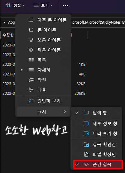 숨긴 항목 보기 체크