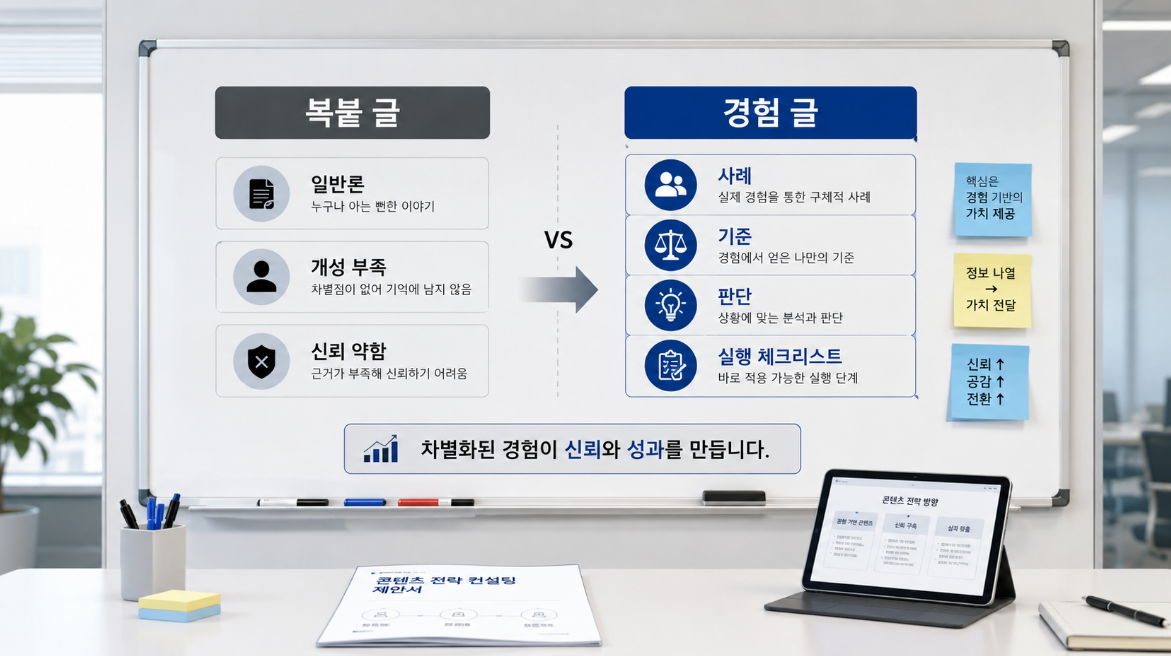 AI 복붙 글과 사람의 경험 글을 비교해 블로그 글쓰기 차이를 설명하는 이미지