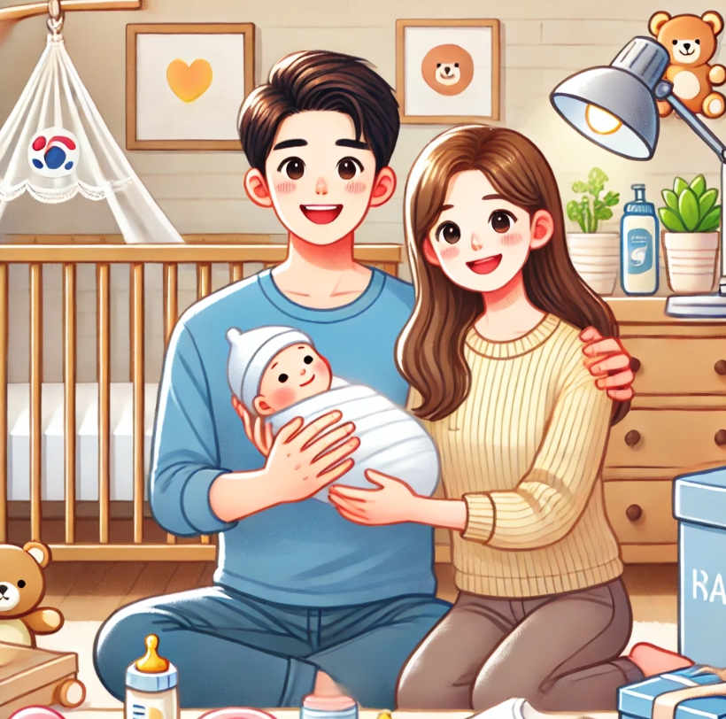 가정에서 신생아와 함께 행복을 나누는 모습. 부모는 갓 태어난 아이를 안고 미소를 짓고 있으며, 주변에는 아기 침대, 장난감, 육아 용품 등 따뜻하고 아늑한 분위기를 조성하는 요소들이 배치되어 있습니다. 출산장려금의 혜택을 상징하는 장면