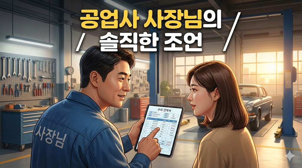 자동차 정비소에서 정비사가 고객에게 견적을 설명하는 모습