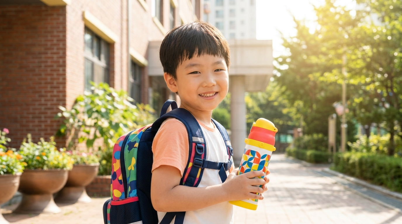 원터치형 어린이 물통 들고 있는 아이