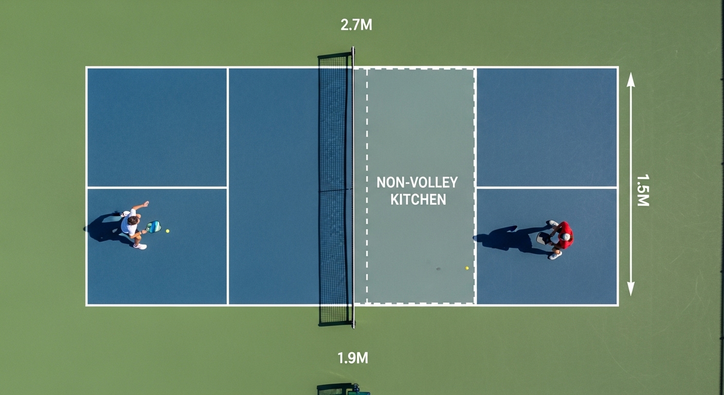 피클볼 코트의 전체적인 모습과 네트, 그리고 논-발리 존(키친)이 명확히 표시된 장면. 두 명의 선수가 키친 존 바깥에서 랠리를 펼치고 있어 피클볼의 주요 규칙을 이해하는 데 도움을 줍니다.