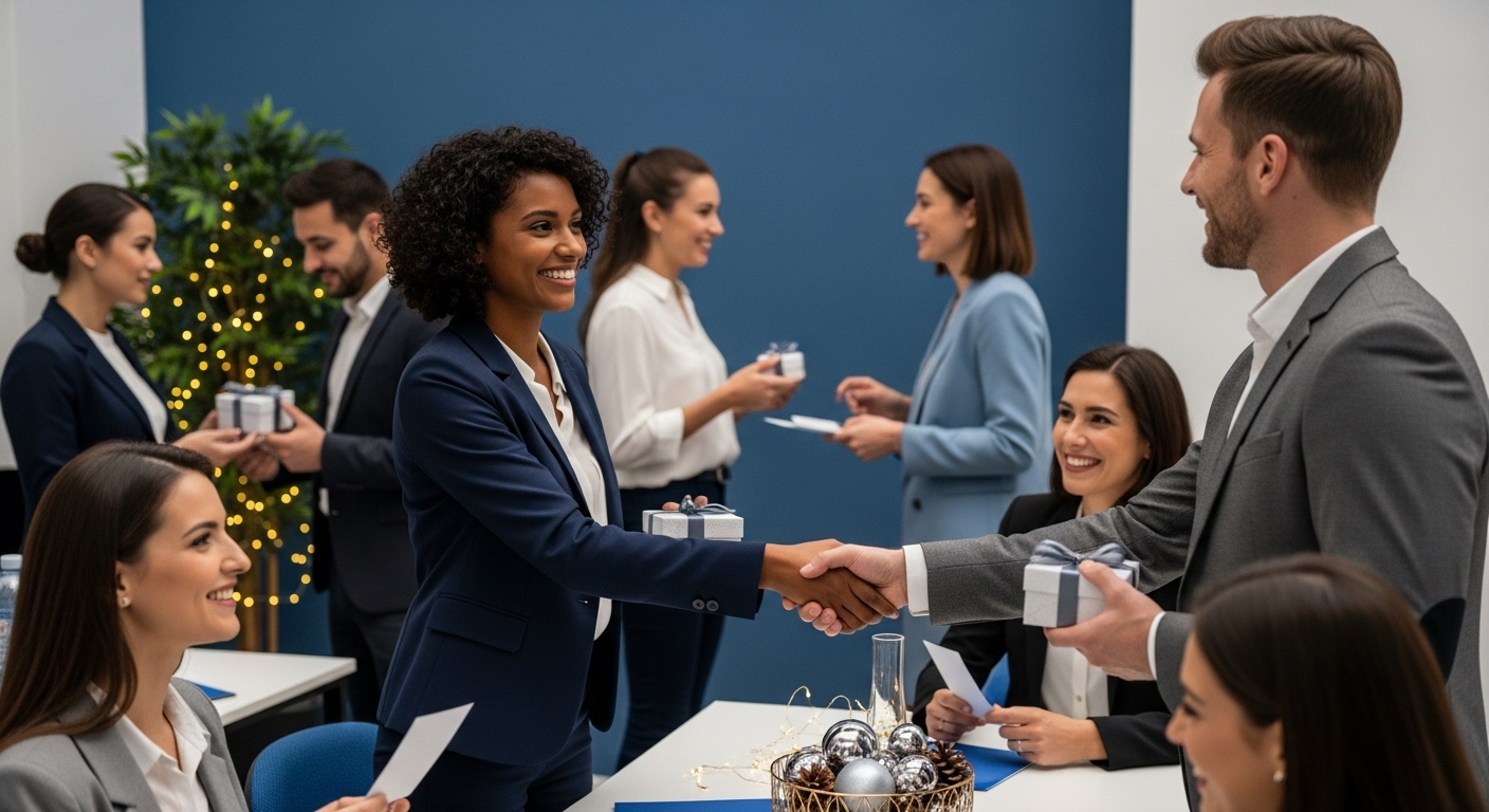 비즈니스 캐주얼 차림의 직장 동료들이 연말을 맞아 서로 감사 인사를 나누며 악수하는 모습