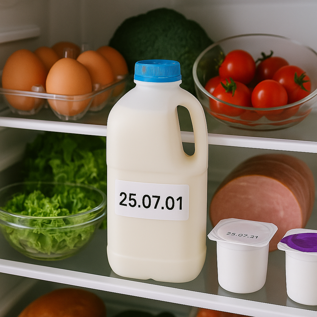 냉장고 문을 열었을 때 계란, 우유, 야채, 햄, 요구르트 등이 보기 좋게 진열되어 있고, 유통기한 25.07.01과 25.07.21이 표시된 모습