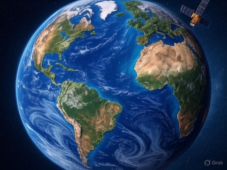 우주에서 내려다본 지구의 반쪽은 푸른 바다와 녹색 숲으로 가득하지만, 다른 반쪽은 녹색이 줄어들고 회색 도시와 녹아내리는 빙하가 두드러지며, 위성이 지구를 촬영하는 모습이 포함된 신비롭고 긴장감 있는 풍경 이미지