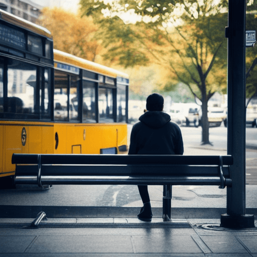 벤치에서 버스를 기다리고있는 사람의 뒷모습