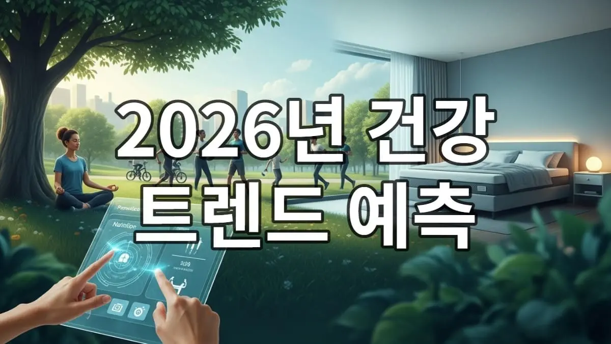 2026년 건강 트렌드를 보여주는 미래 지향적인 이미지: 개인 맞춤형 앱, 친환경 공원에서의 활동, 명상, 스마트 침대가 조화롭게 어우러진 장면.