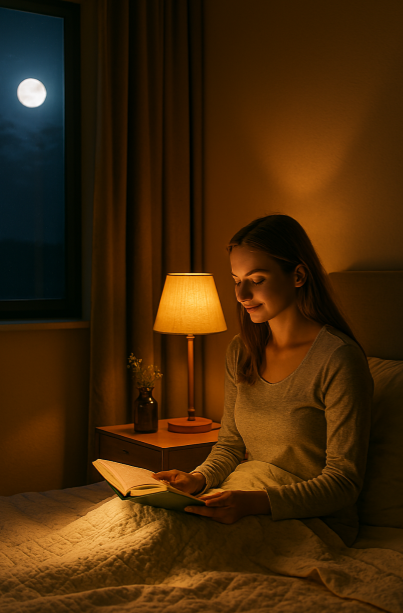 한 여성이 책을 읽으며 긴장을 풀고, 조명과 함께 자연스럽게 휴식 모드로 전환되는 모습