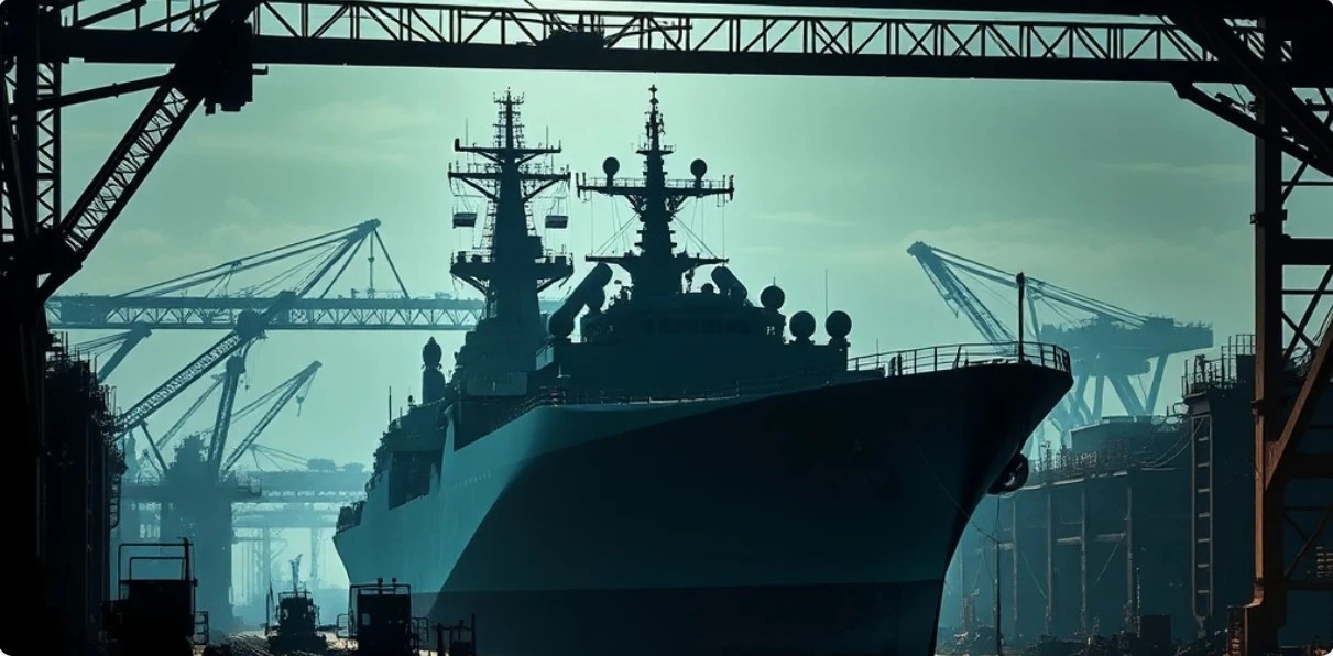 방산 수주 확대로 활기를 띠는 조선소 전경