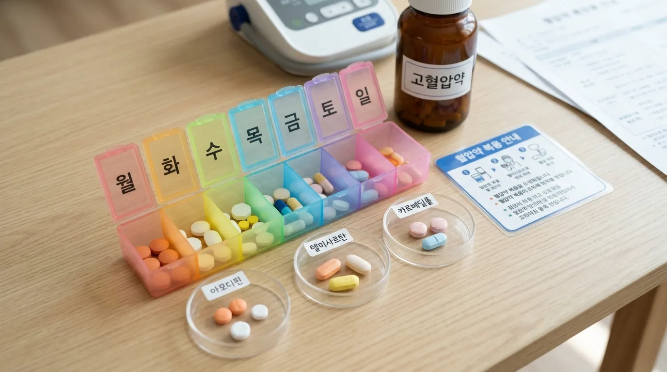 여러 종류 혈압약과 약통이 함께 놓인 모습