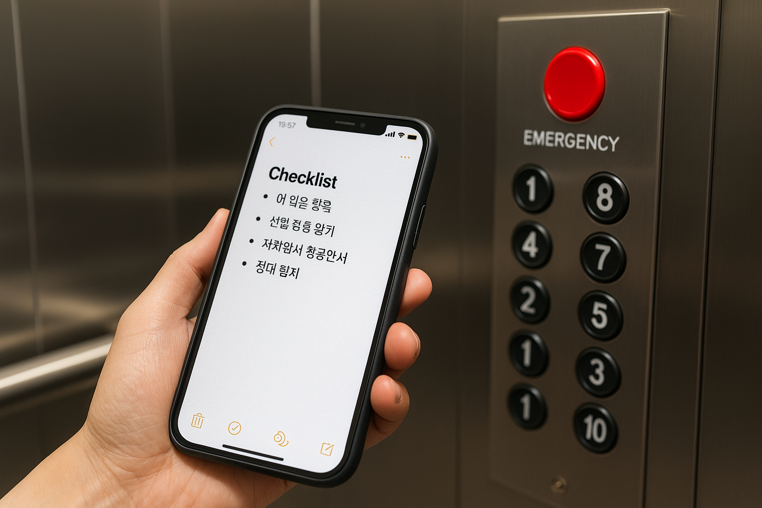 메모앱에 엘리베이터 비상통화 체크리스트를 띄운 스마트폰과 비상버튼을 누르는 손 실사