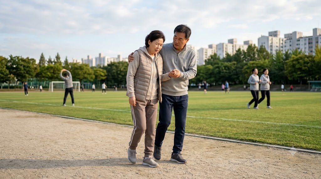 척추협착증 아내와 같이 운동장에서 운동하는 모습