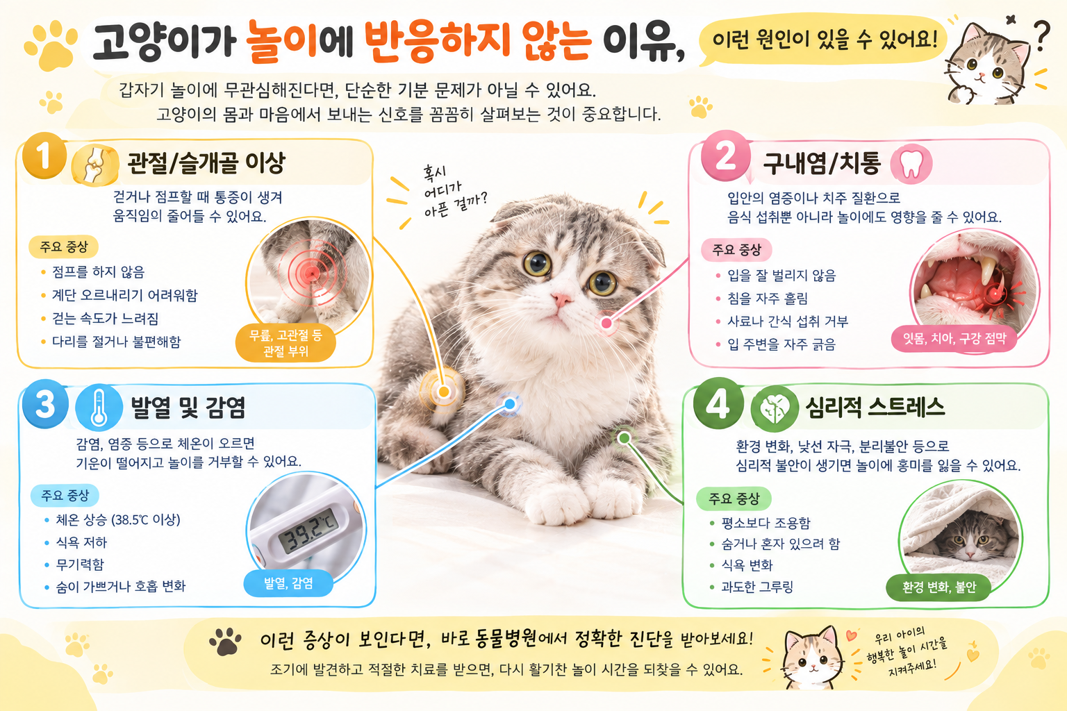 고양이 놀이 무반응의 신체적·환경적 원인을 다룬 인포그래픽