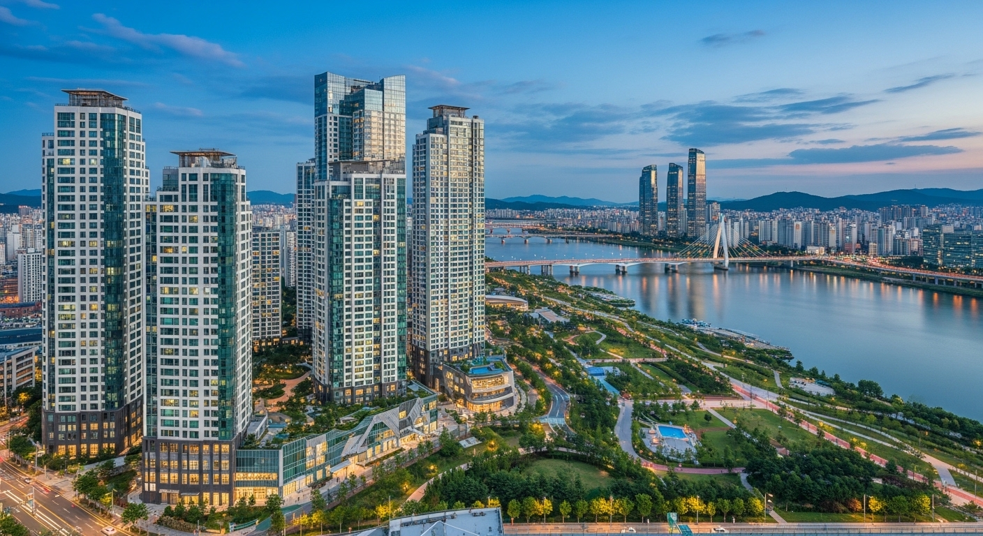 중화동의 현대적인 신축 아파트와 중랑천 뷰