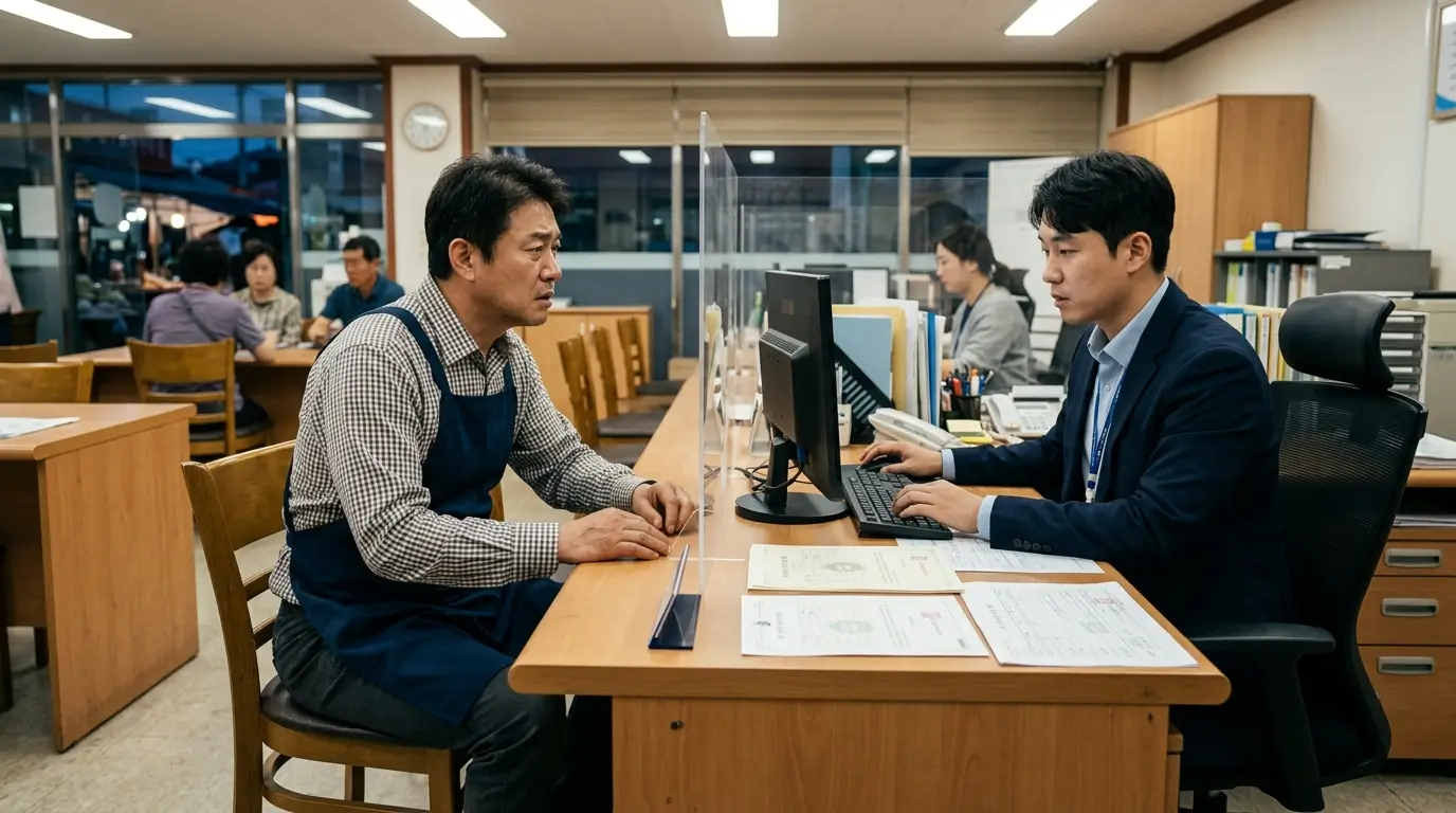 전통 시장 상가 민원 창구에서 소상공인 정책 자금 대출 심사를 위해 필수 서류를 제출하는 사업자